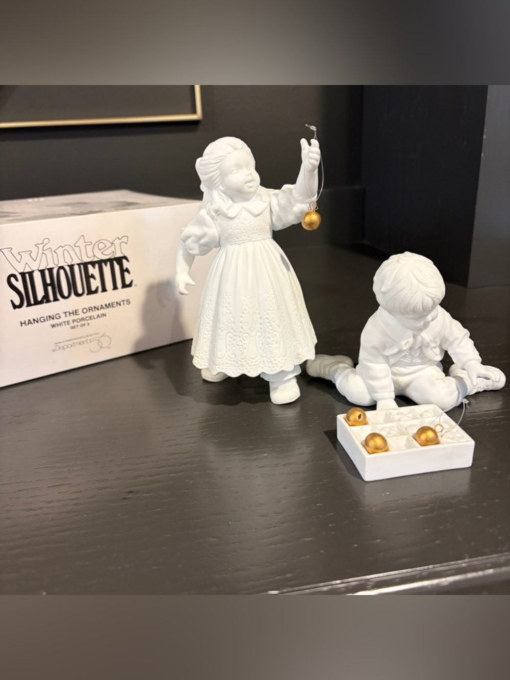 Winter Silhouette Hanging the Ornaments White Porcelain 3 piece Figurine Set